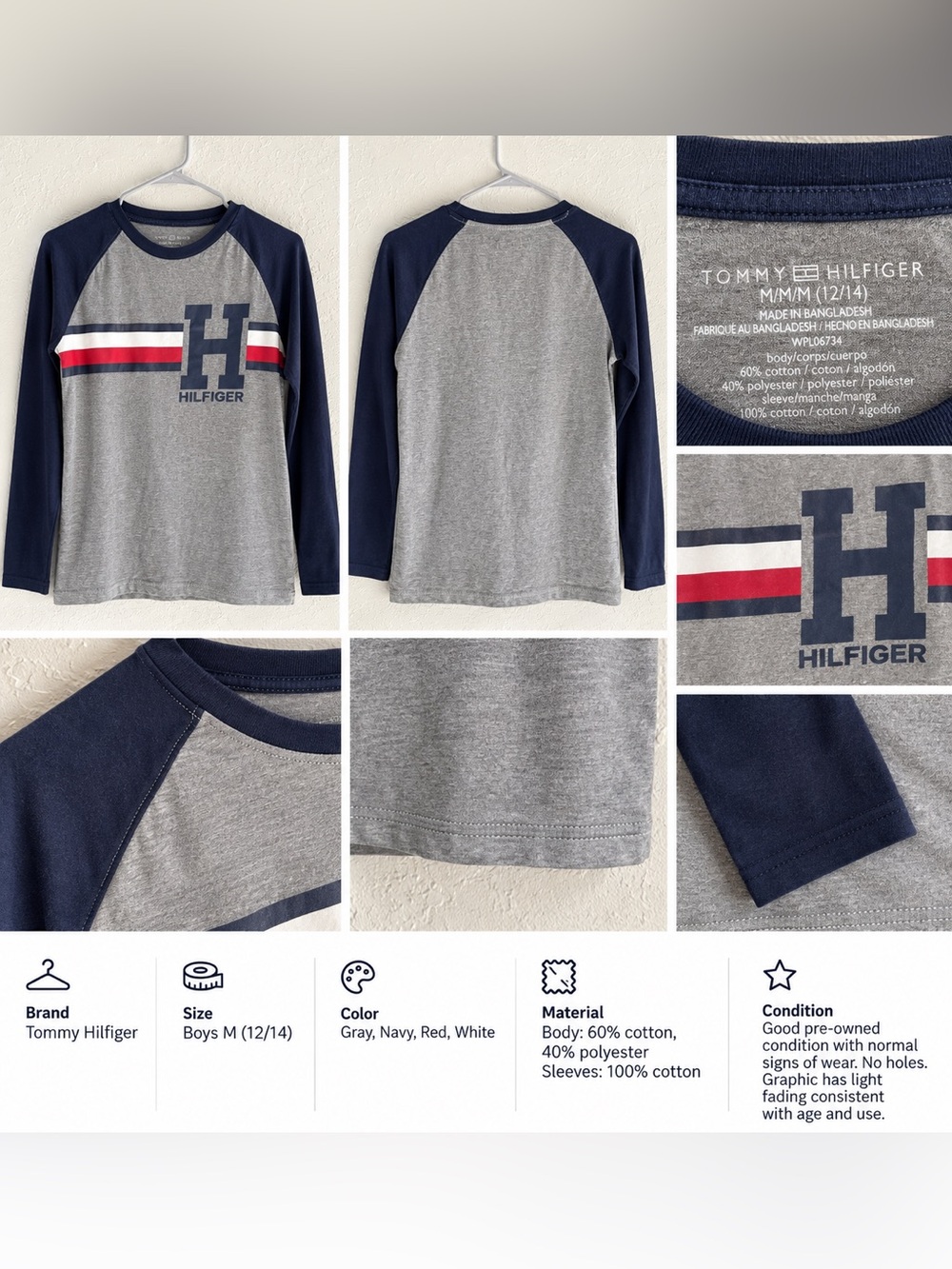 Tommy Hilfiger Boys M 12/14 Long Sleeve Logo Raglan Shirt Gray Navy